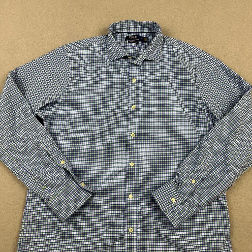 Polo Ralph Lauren Shirt Men Large Blue Plaid Performance Long Sleeve Button Up L